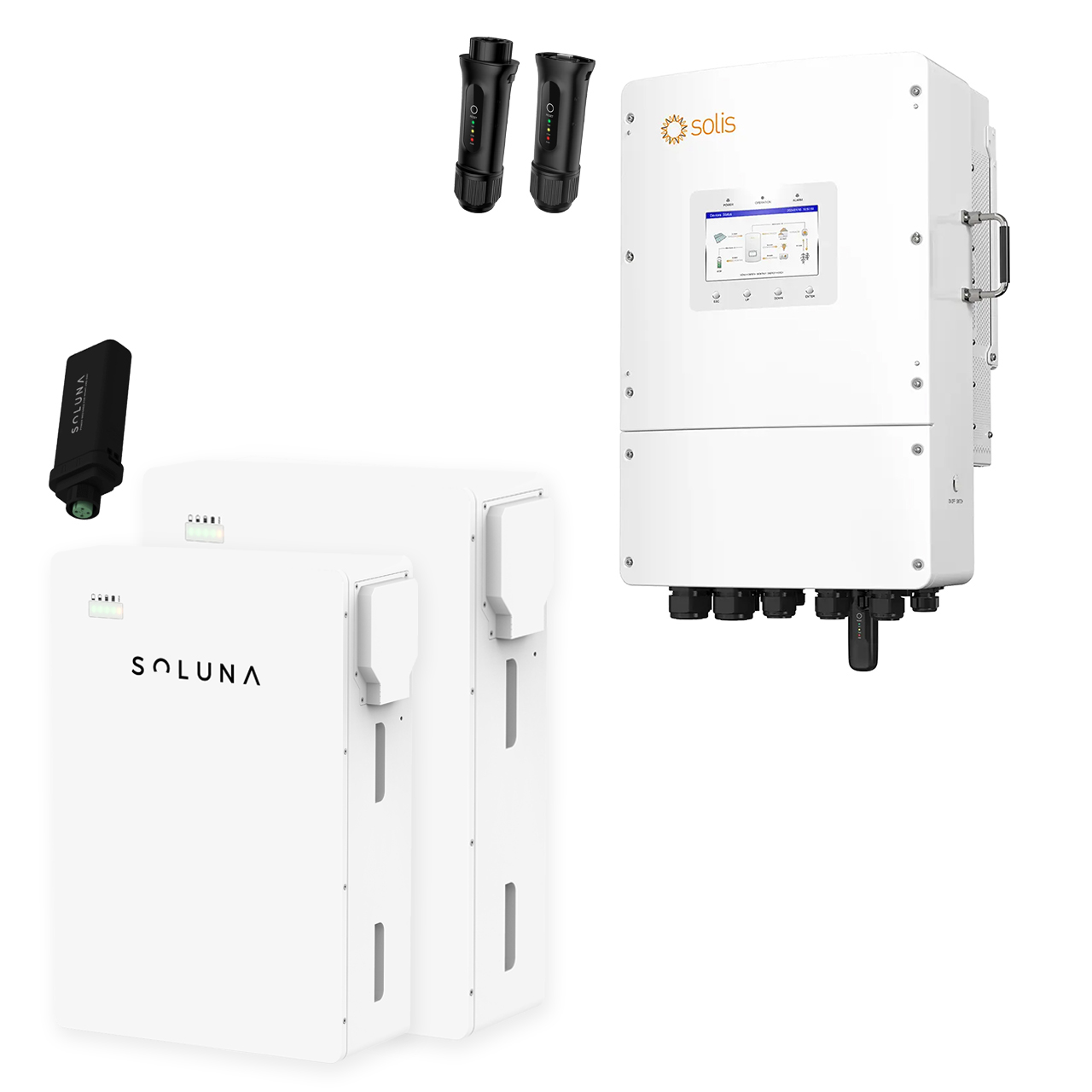 Solis S6 hybride omvormer 10 kW + 2 x Soluna 9,6 kWh thuisbatterij Solis S6 hybride omvormer 10 kW 2 x Soluna 96 kWh thuisbatterij