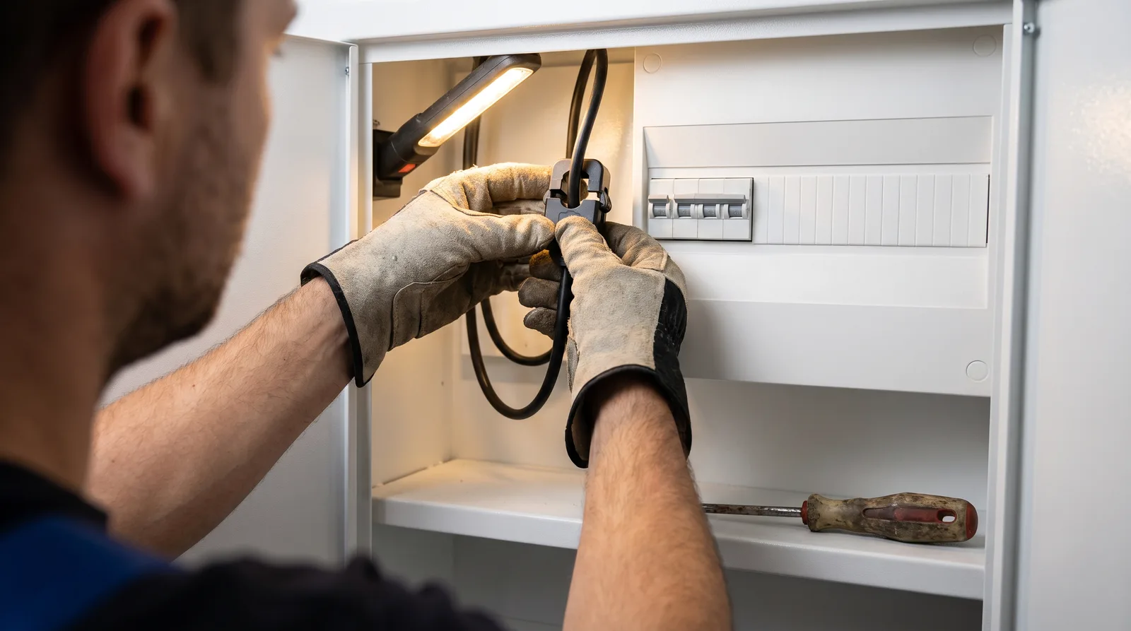 Installateur klikt een CT-klem om de fasedraad in de meterkast