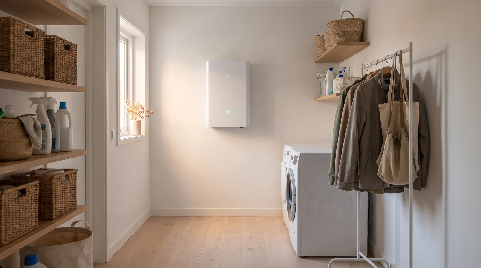 Thuisbatterij aan de muur in een bijkeuken