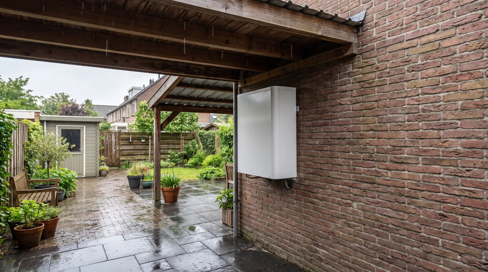 Thuisbatterij buiten onder een afdak tegen de gevel