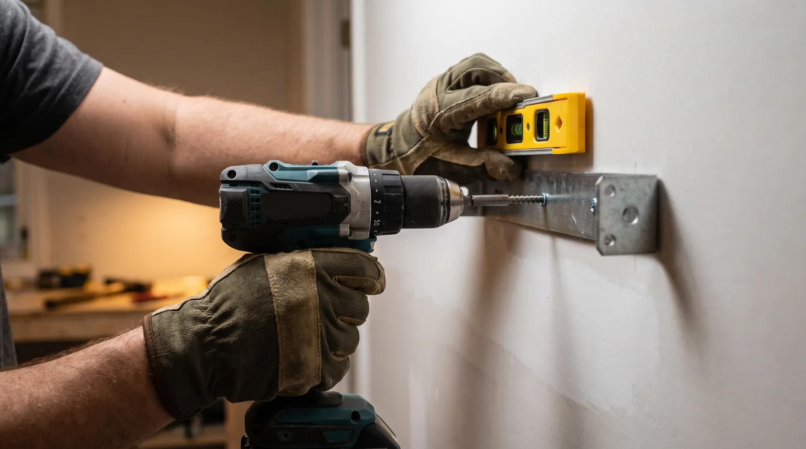 Installateur monteert de wandbeugel voor een thuisbatterij