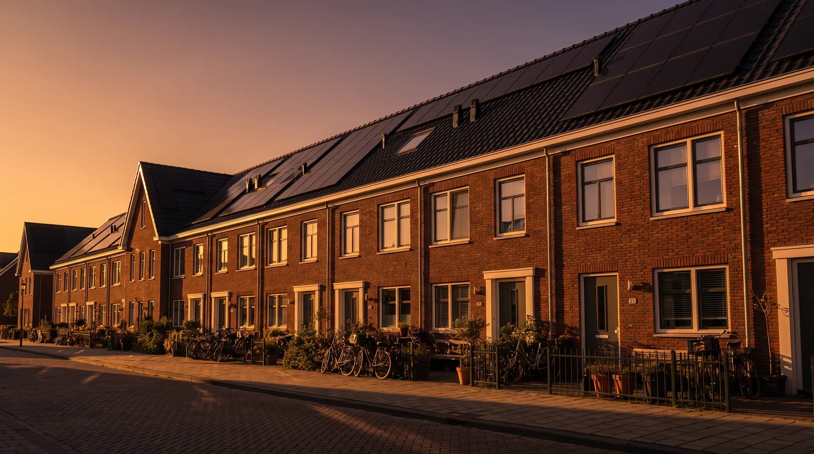 Rijtjeshuizen met zonnepanelen in de avondzon