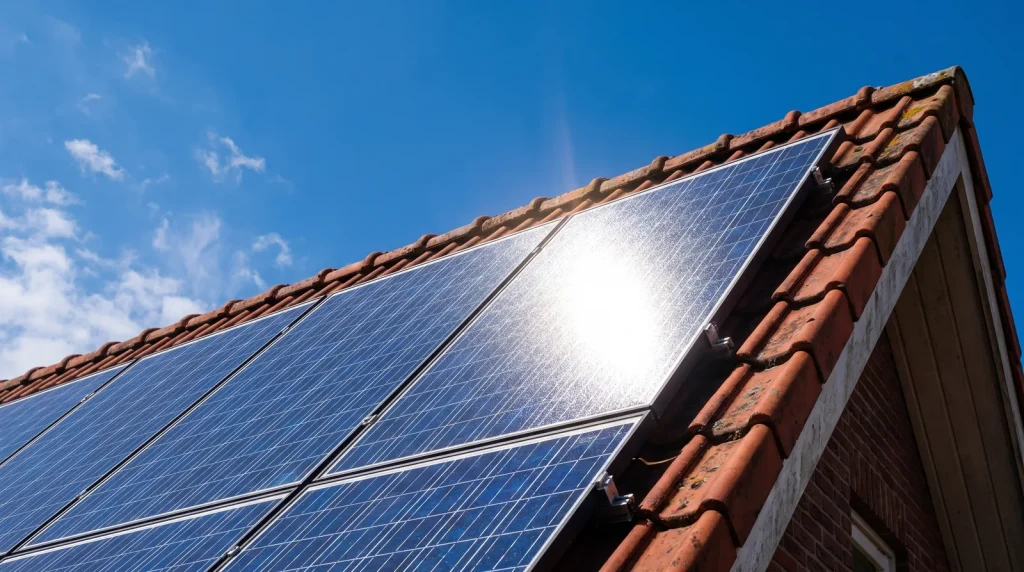 Zonnepanelen op een dak leveren in de middagzon stroom terug