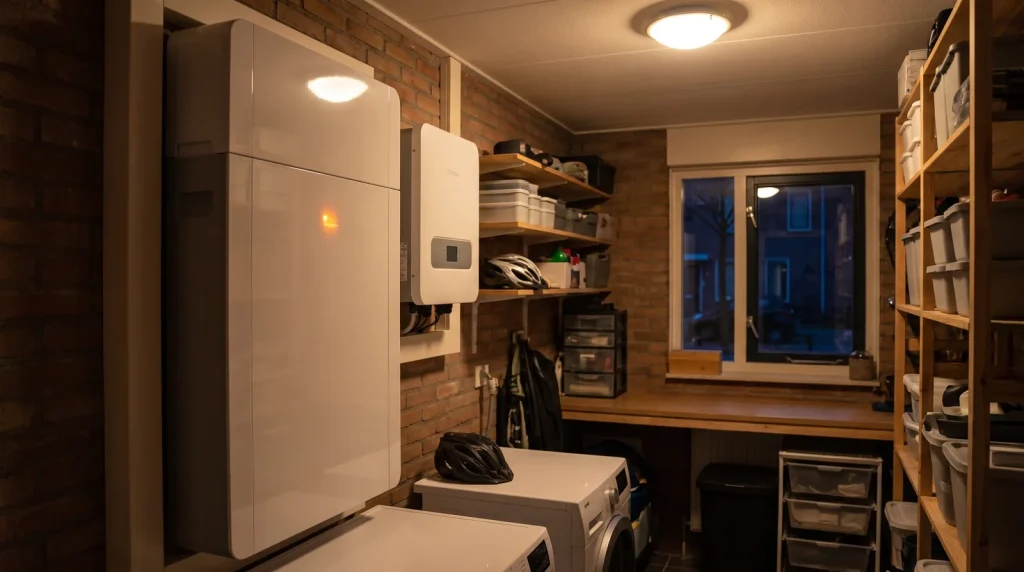 Thuisbatterij met hybride omvormer aan de muur in een bijkeuken