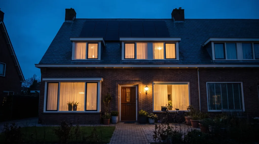 Verlicht woonhuis in de avondschemering draait op eigen zonnestroom