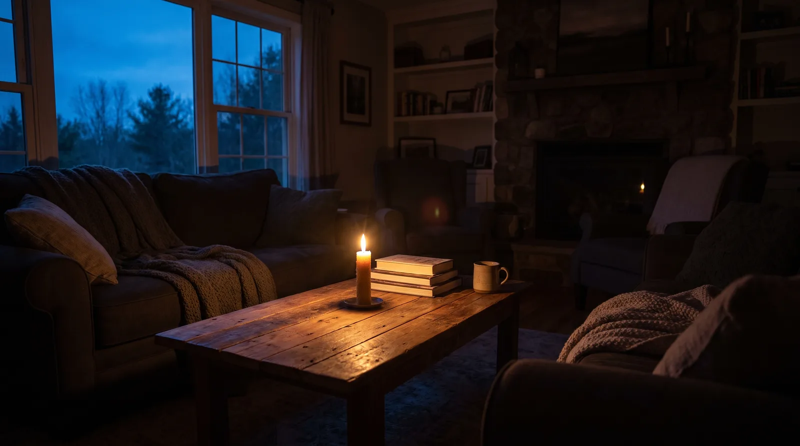 Donkere woonkamer met kaarslicht tijdens een stroomstoring