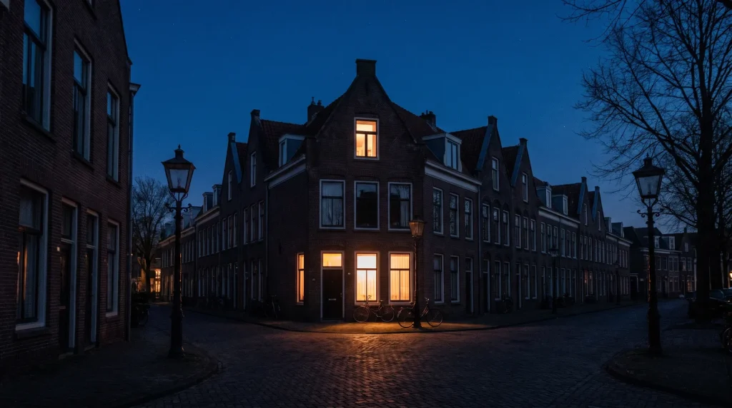 Woonhuis met verlichte ramen in een verder donkere straat tijdens stroomuitval