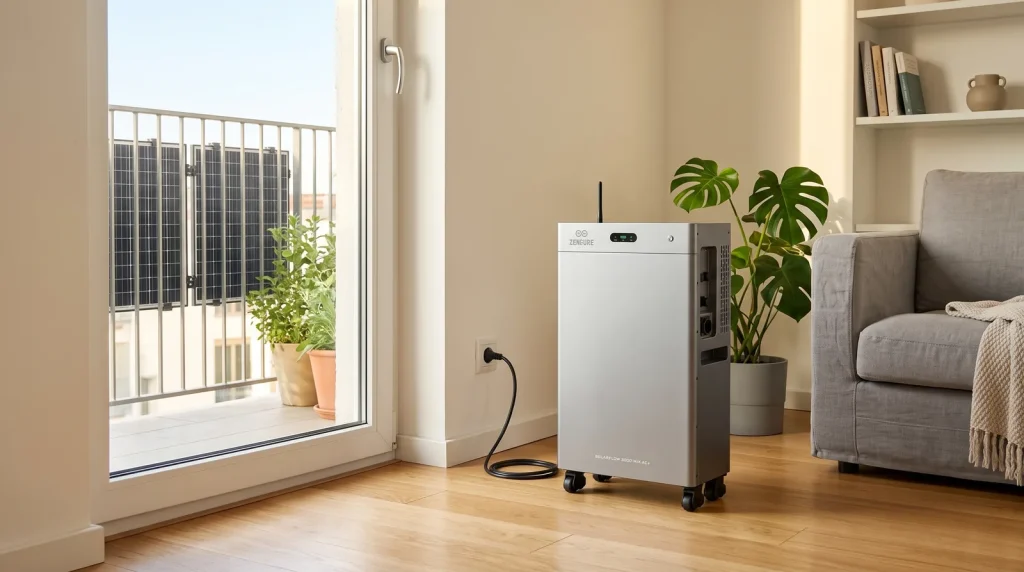 Stekkerbatterij in een appartement met zonnepanelen aan het balkonhek