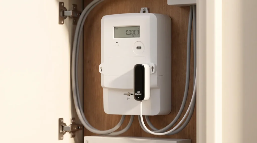 Zendure Smart Meter P1 uitlezer in de P1-poort van een slimme meter in de meterkast