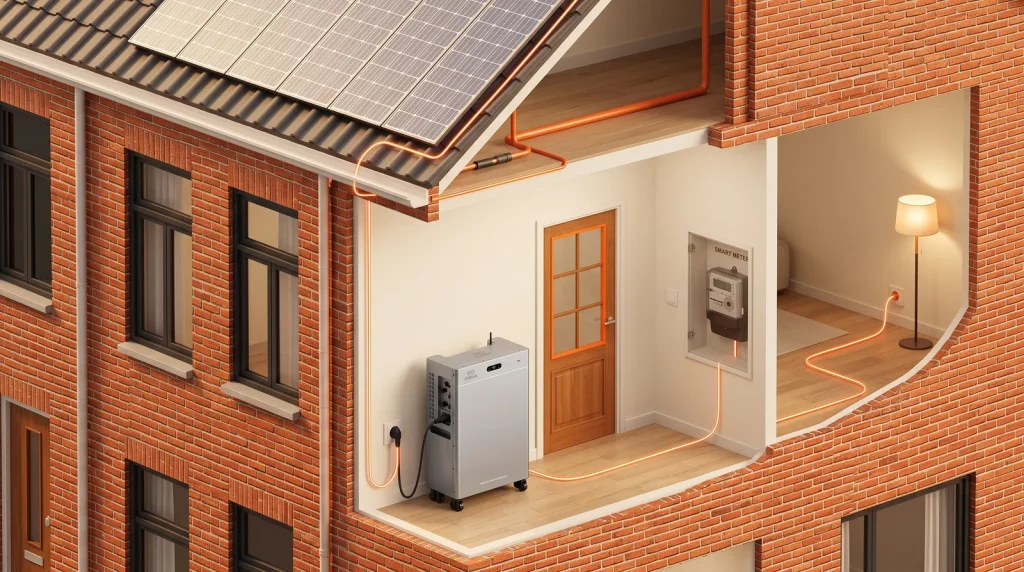 Doorsnede van een rijtjeshuis met zonnepanelen, meterkast en een stekkerbatterij in de hal