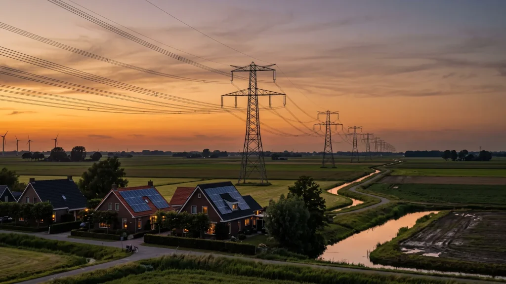 Hoogspanningsmasten boven een Nederlands polderlandschap met woningen met zonnepanelen in de avondzon