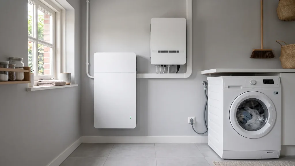 Thuisbatterij met hybride omvormer in een bijkeuken naast een draaiende wasmachine