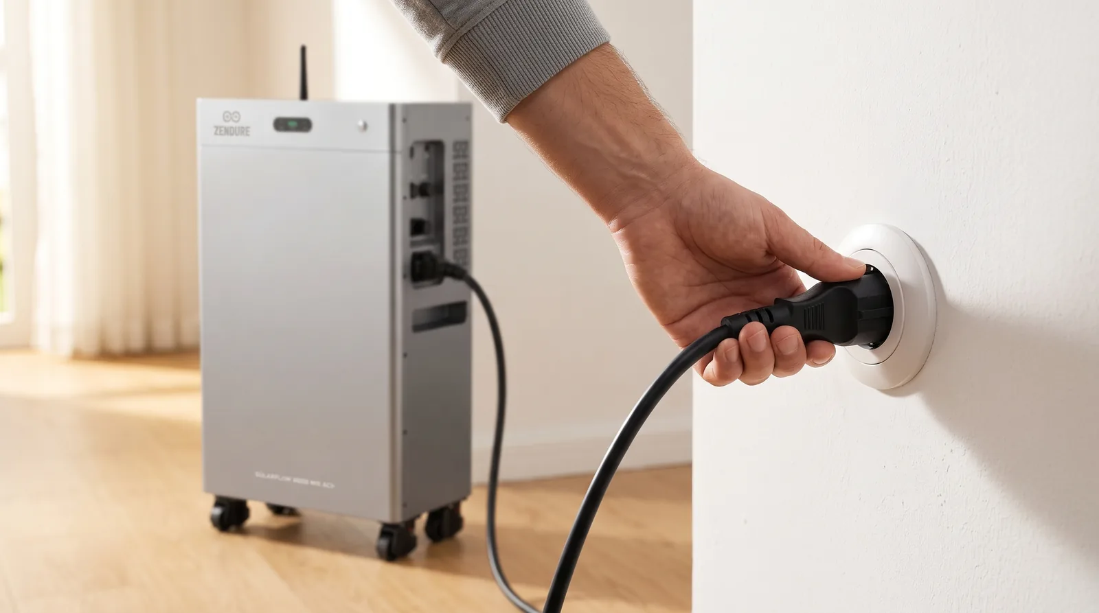 Hand steekt de stekker van een Zendure SolarFlow thuisbatterij in het stopcontact