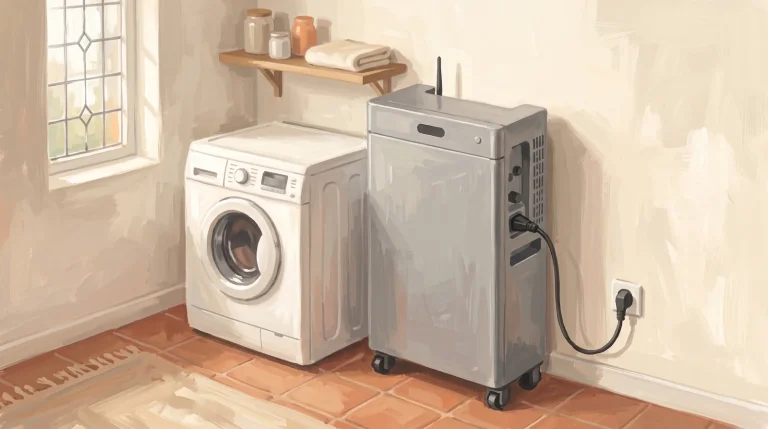 Illustratie van een stekkerbatterij naast de wasmachine in een bijkeuken, aangesloten op het stopcontact
