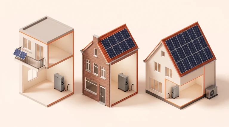 Drie woningen in doorsnede, appartement, rijtjeshuis en vrijstaand huis, elk met een thuisbatterij met stekker
