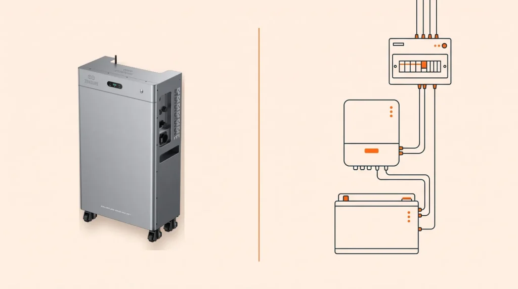 Stekkeraccu naast een schema van een vaste thuisbatterij met hybride omvormer en groepenkast