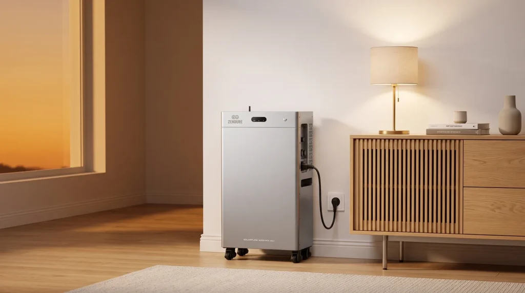 Thuisbatterij met stekker in een woonkamer bij avondlicht, aangesloten op het stopcontact