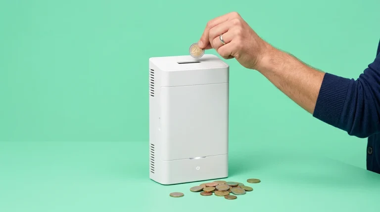 Witte thuisbatterij met een gleuf bovenop als spaarpot, een hand gooit er een euromunt in