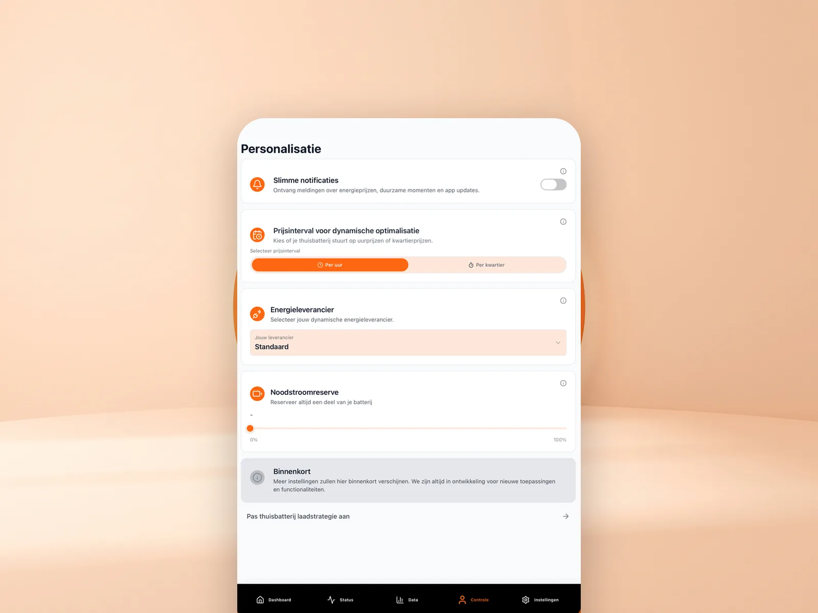 Instellingenscherm van de app Thuisaccuwebshop EMS met prijsinterval, energieleverancier en noodstroomreserve