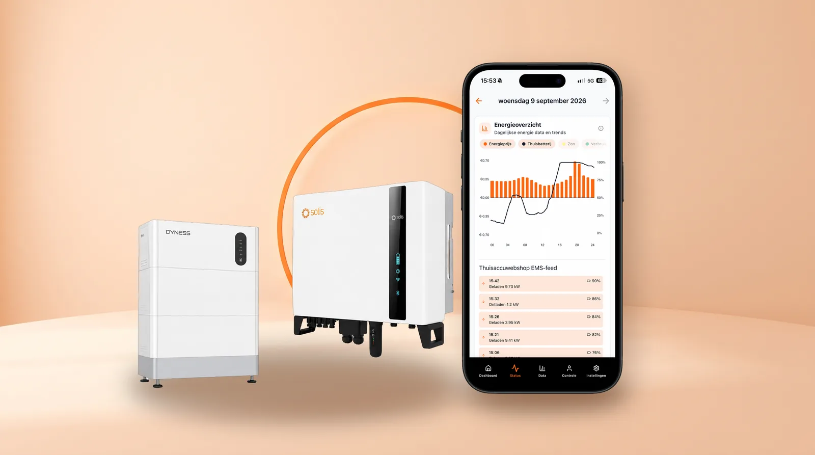 Solis hybride omvormer met Dyness thuisbatterij naast een telefoon met de app Thuisaccuwebshop EMS