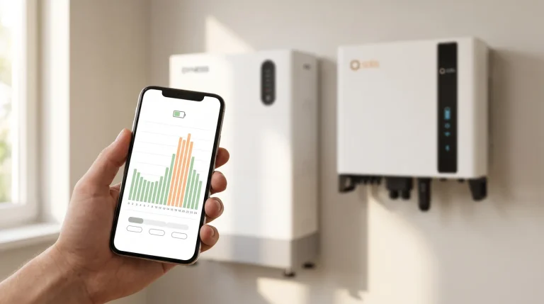 Hand met telefoon met uurprijzen van stroom, op de achtergrond een Solis-omvormer met thuisbatterij aan de muur